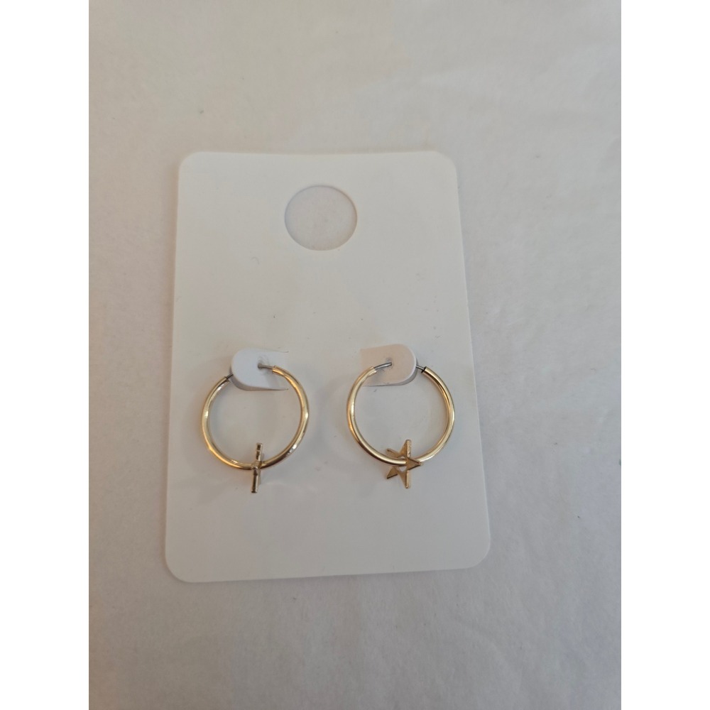 Gold Tone Star Charm Hoop Earrings Celestial Minimalist NWT